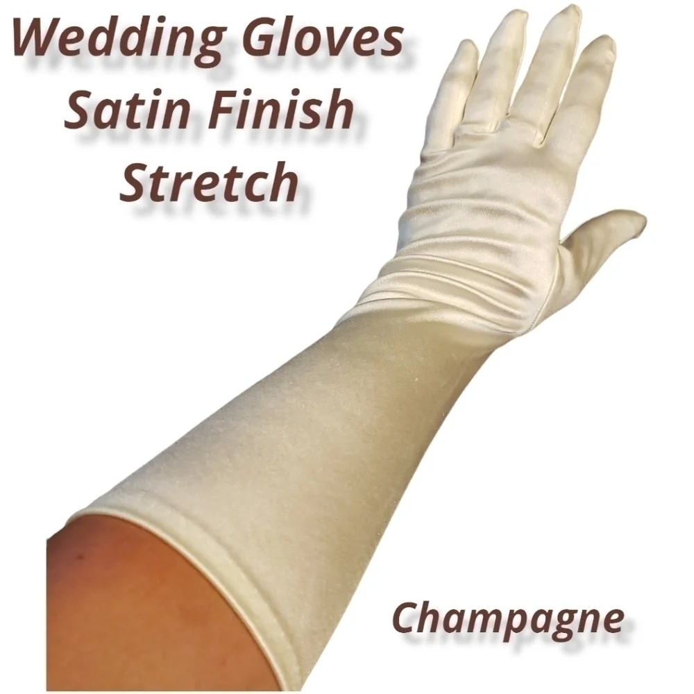 Champagne Satin Finish Stretch Opera Length Wedding Gloves GUC